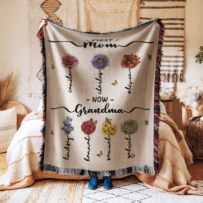 First Mom Now Grandma Birth Flower Personalized Tapestry Woven Blanket, Heartfelt Gift For Grandma