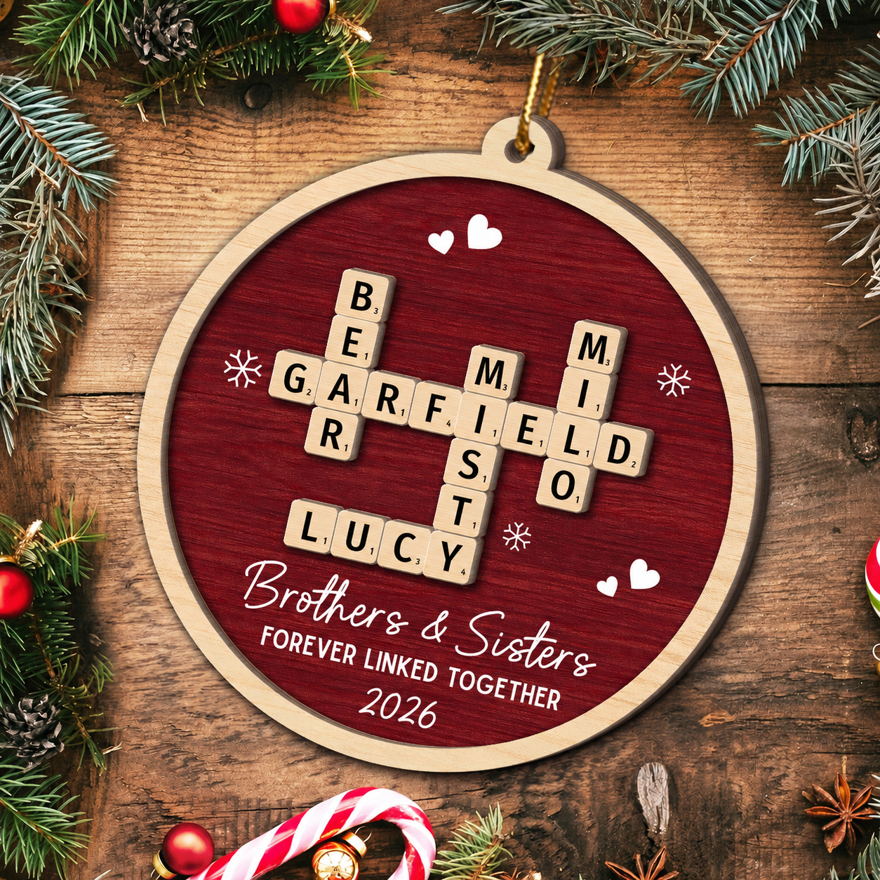 Siblings Forever Linked Together Crossword Puzzle Art - Personalized 2-Layer Wooden Ornament