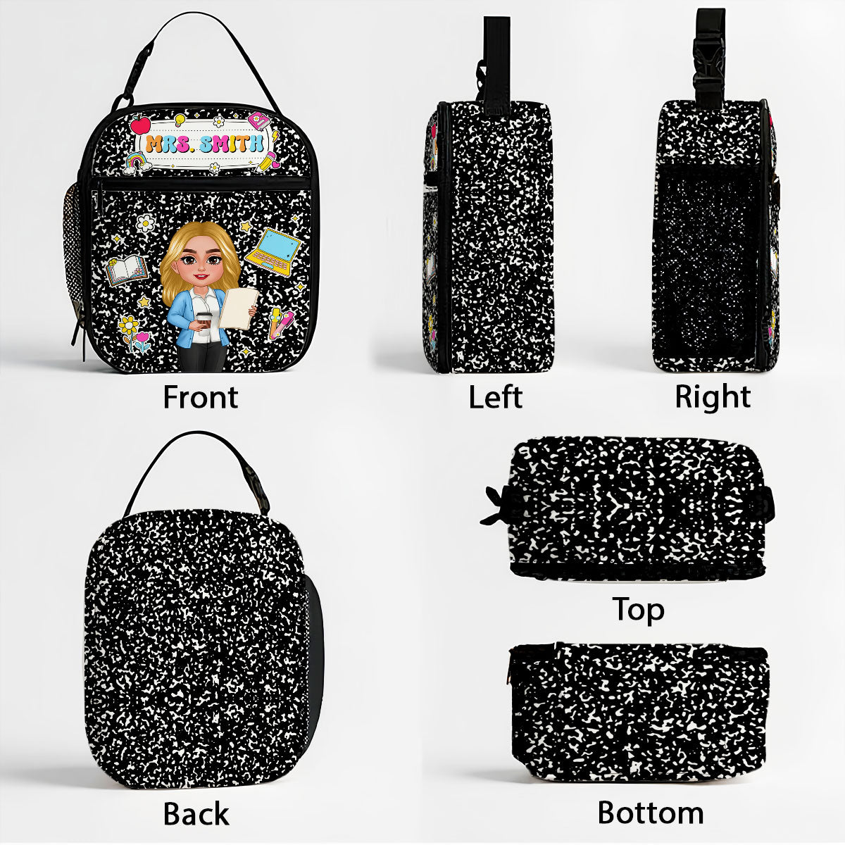 Teacher Composition Book Pattern Personalized Insulated Lunch Bag, Back To School Gift For Teacher