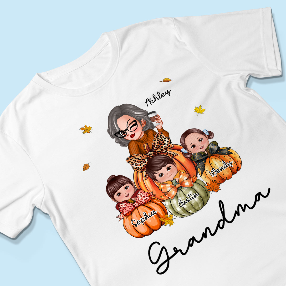 Grandma Mom Kids On Pumpkin Personalized Shirt, Fall Season Gift For Mom Grandma