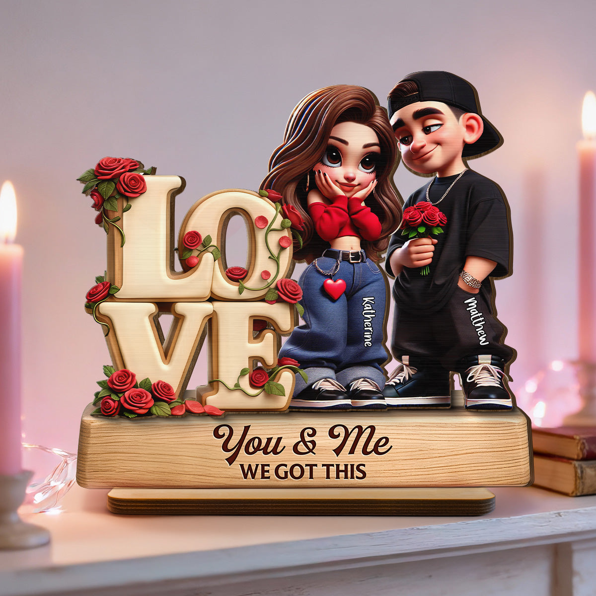 Y2K Couple Love Rose - Personalized 2-Layered Wooden Plaque - Valentine's Day Gift For Couple, For Him, For Her, Nurse, Police, Firefighter, Army