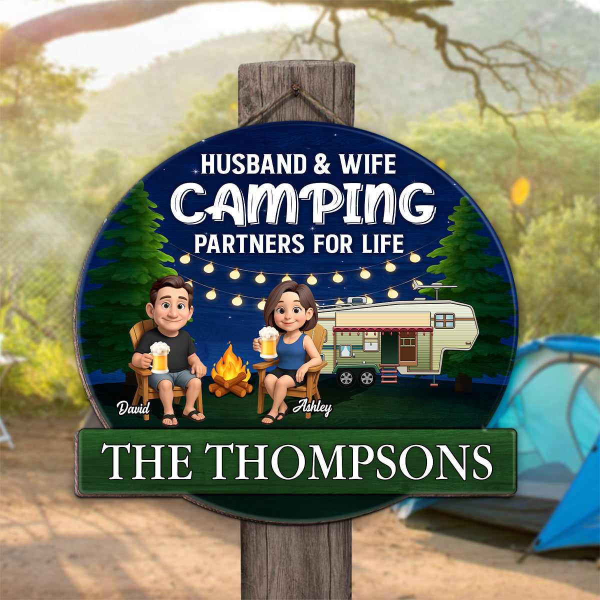 Husband and Wife Camping Partners for Life Personalized Wood Sign, Anniversary, Vacation, Funny Gift For Campers