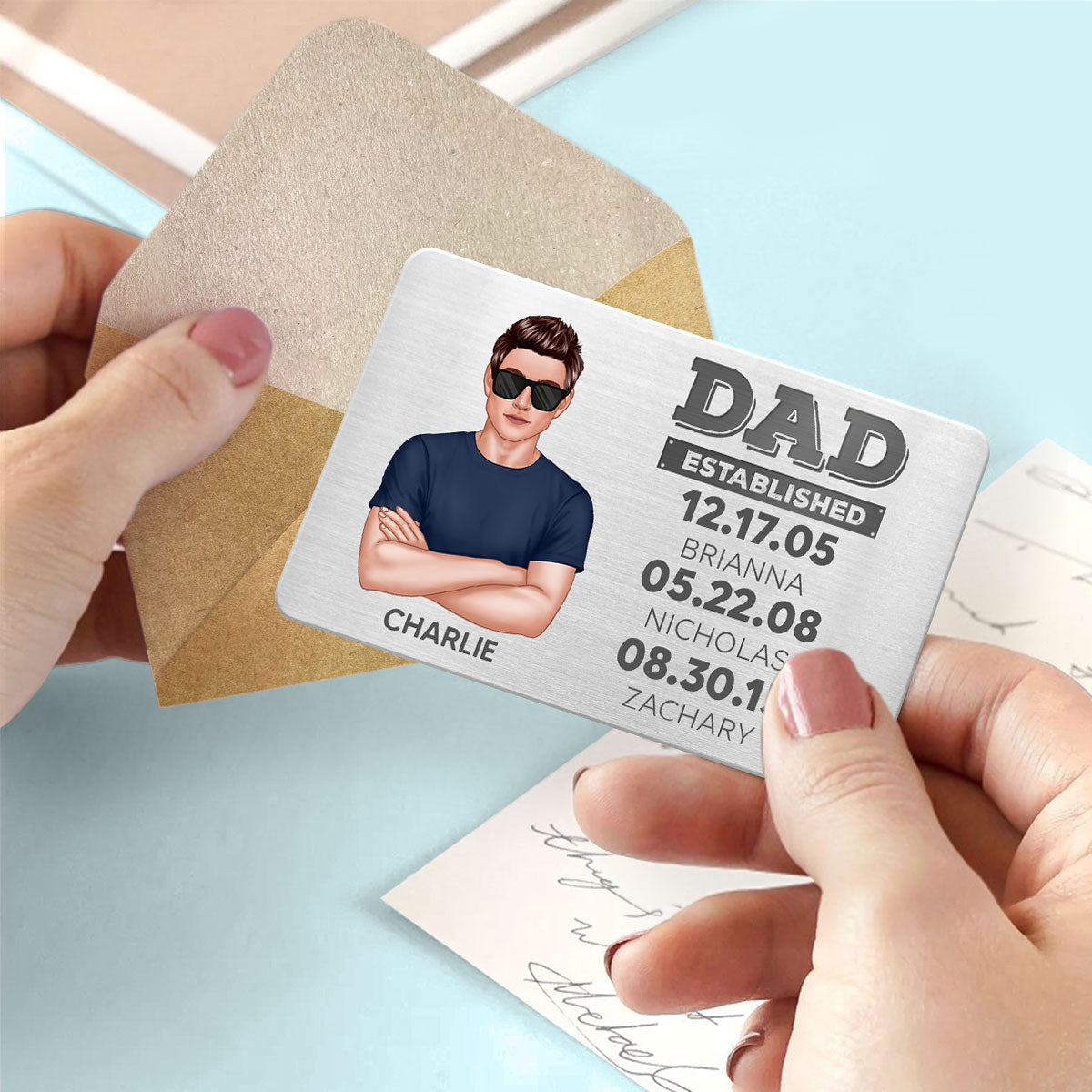 Dad Established Man & Kids Personalized Wallet Metal Card