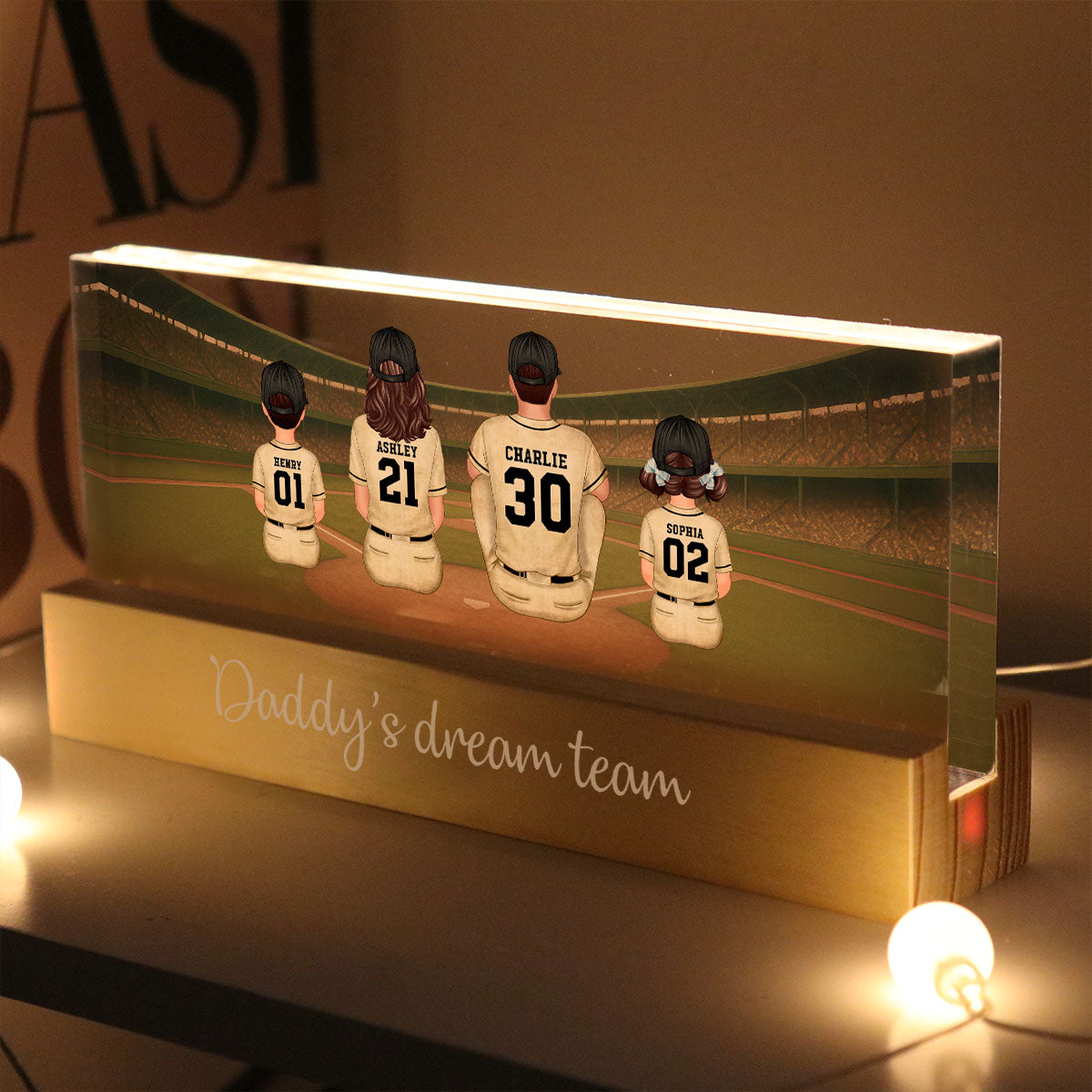 Retro Vintage Baseball Daddy's Dream Team Personalized Acrylic Block LED Night Light, Gift For Dad