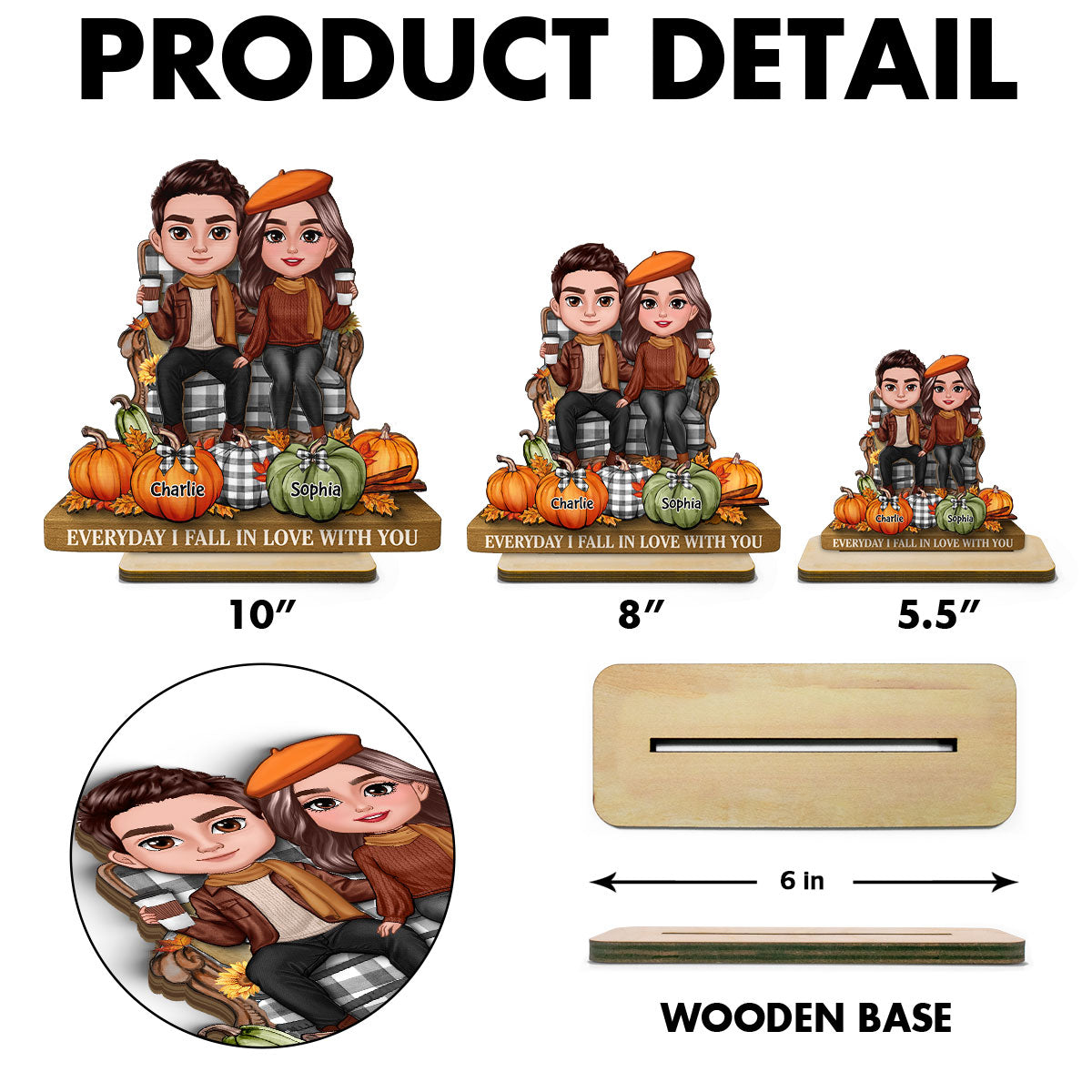 3D Effect Fall Season Couple Sitting Pumpkins Personalized 2-Layer Standing Wooden Plaque