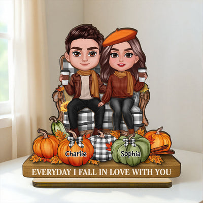 3D Effect Fall Season Couple Sitting Pumpkins Personalized 2-Layer Standing Wooden Plaque