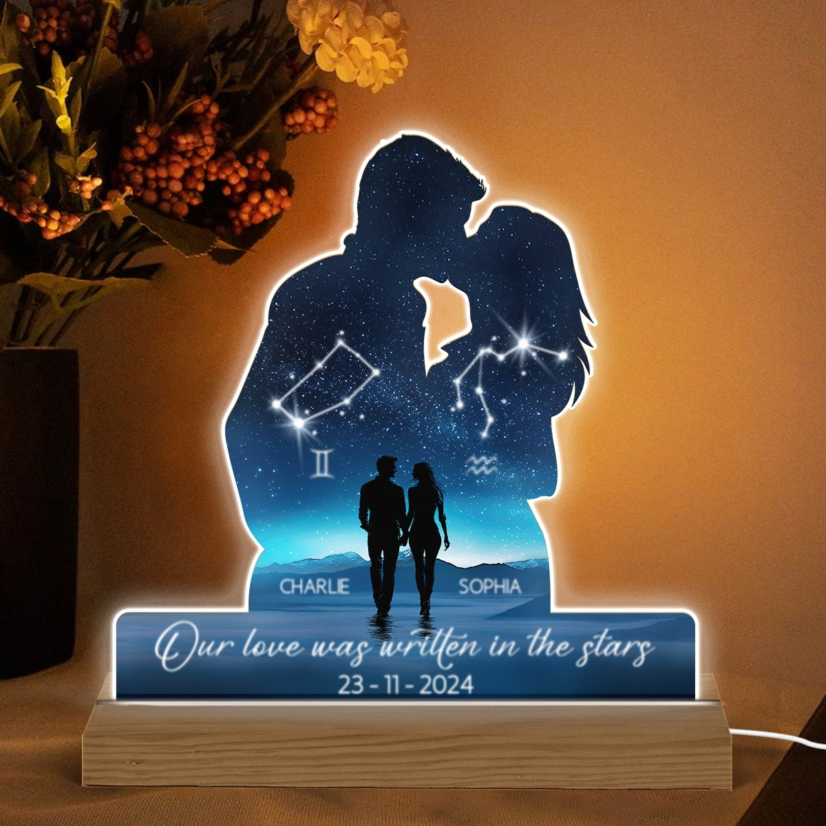 Our Love Was Written In The Stars Personalized Couple Kissing Shaped Acrylic LED Night Light, Anniversary  Gift For Her, For Him, Husband, Wife