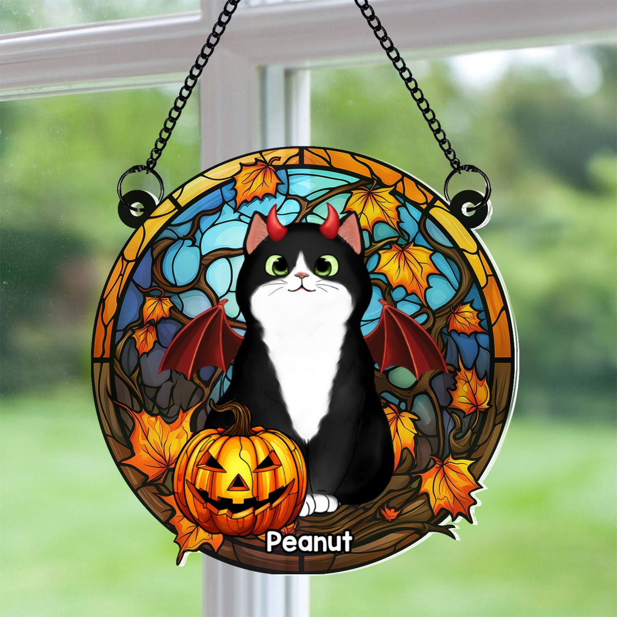 Cat Halloween Personalized Suncatcher, Window Hanger, Halloween Decor