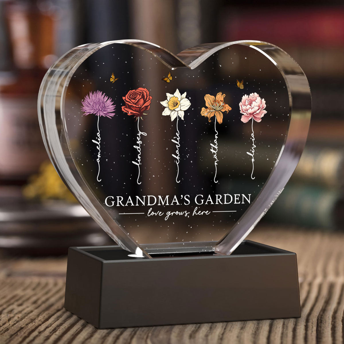 Grandma's Garden Personalized Premium Crystal Heart LED, A Timeless Treasure for Grandma, Free Shipping Included