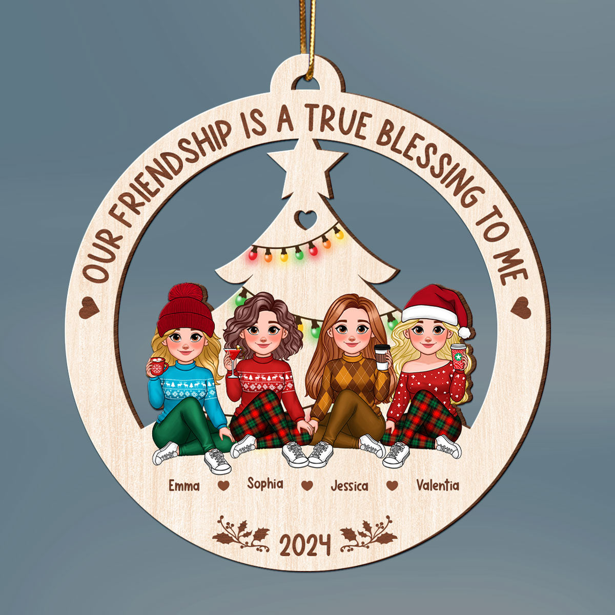 Animated Besties Christmas Tree Personalized Wooden Ornament, Christmas Gift For Best Friends