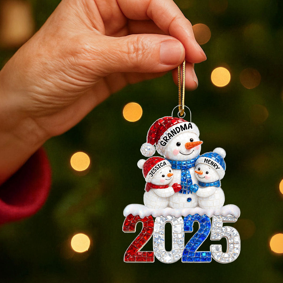 3D Rhinestone Effect Snowman Grandma Grandkids - Personalized Acrylic Ornament - Christmas Gift for Grandmas