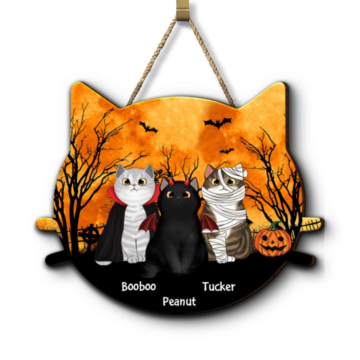 Halloween Cat Face Shaped Personalized Wooden Door Sign, Halloween Decor For Cat Moms
