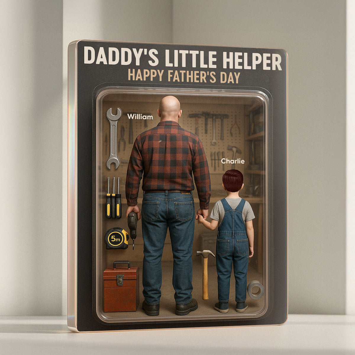 3D Effect Daddy's Little Helper Custom Figure Personalized Flat Rectangle Acrylic Block, Gift For Dad