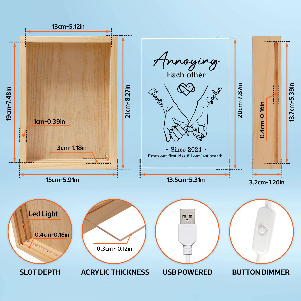 Couple Hand in Hand Outline  Gift Personalized Wooden Frame LED Light Box