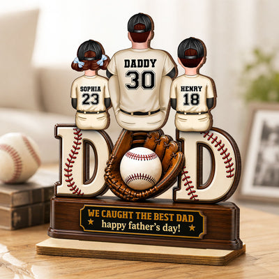 Dad And Children Baseball Gloves - Personalized 2-Layered Wooden Plaque - Father's Day Gift for Dad, Husband