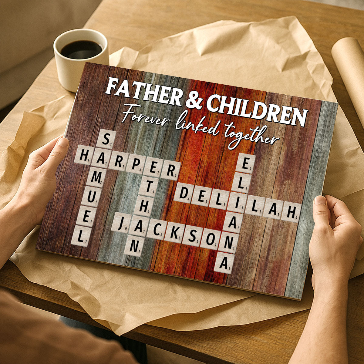 Father & Daughters Sons Forever Linked Together Crossword Puzzle Art Rustic Personalized Poster, Heartfelt Gift For Dad