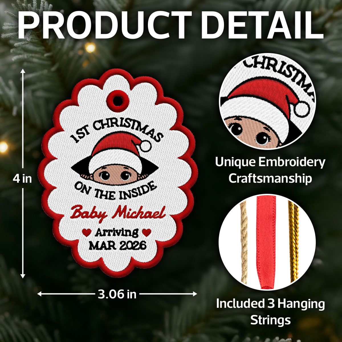 Baby 1st Christmas On The Inside - Personalized Embroidered Ornament - Custom Pregnancy Reveal Ornament, Expecting Parents