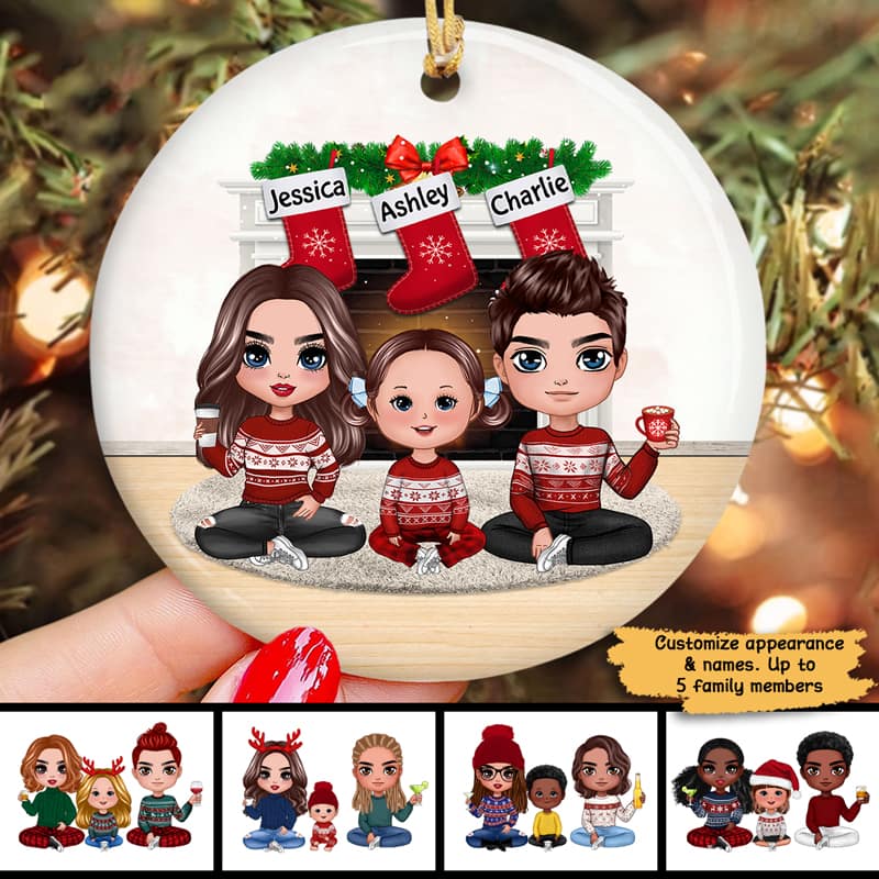 Doll Family Sitting At Fireplace Christmas Personalized Circle Ornament