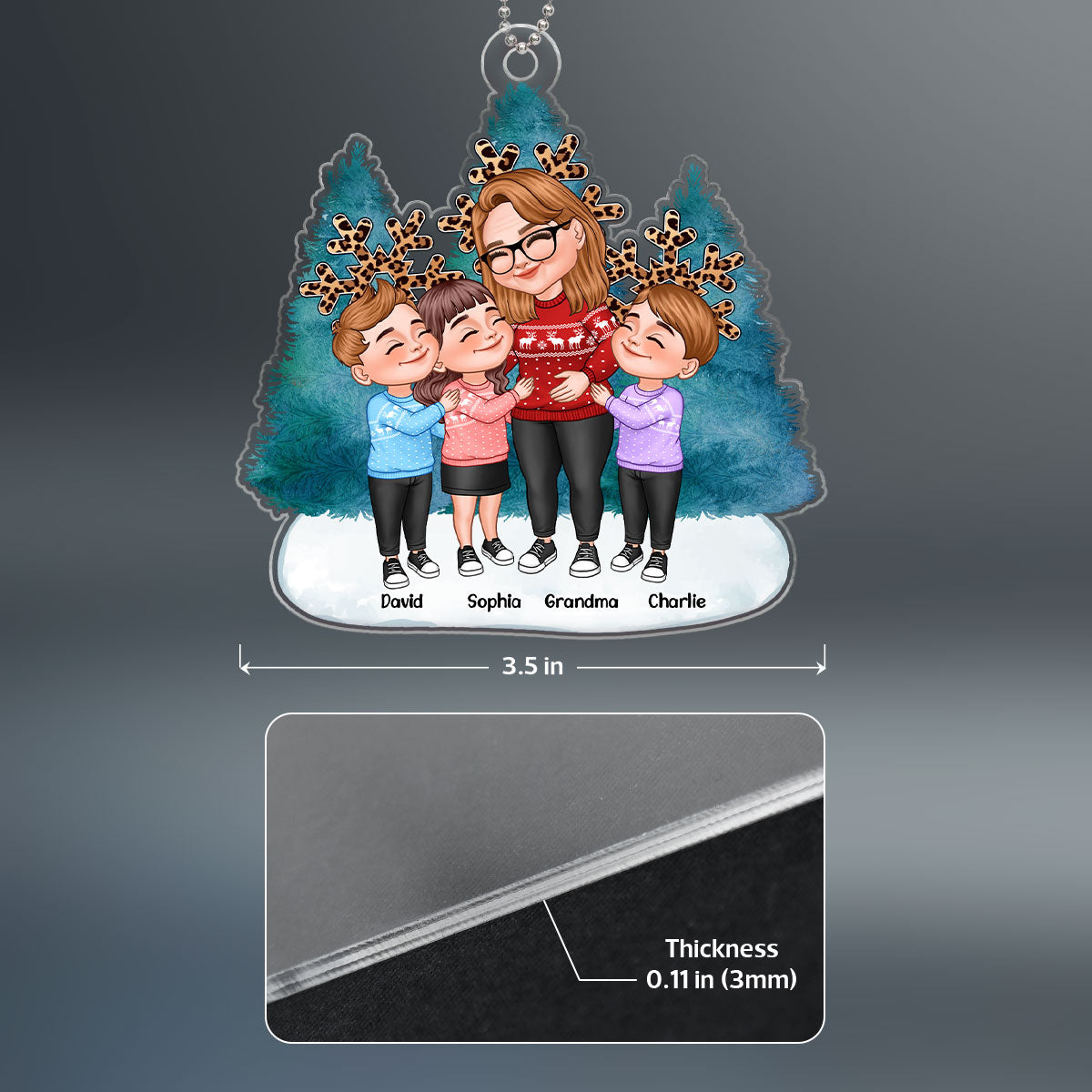 Cartoon Grandma & Grandkids Hugging Blue Christmas Tree Leopard Snowflakes Personalized Acrylic Ornament