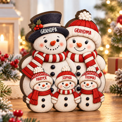 Heartwarming Grandma Grandpa Grandkids Snowman - Personalized Wooden Block Plaque - Christmas Keepsake, Christmas Gift For Family