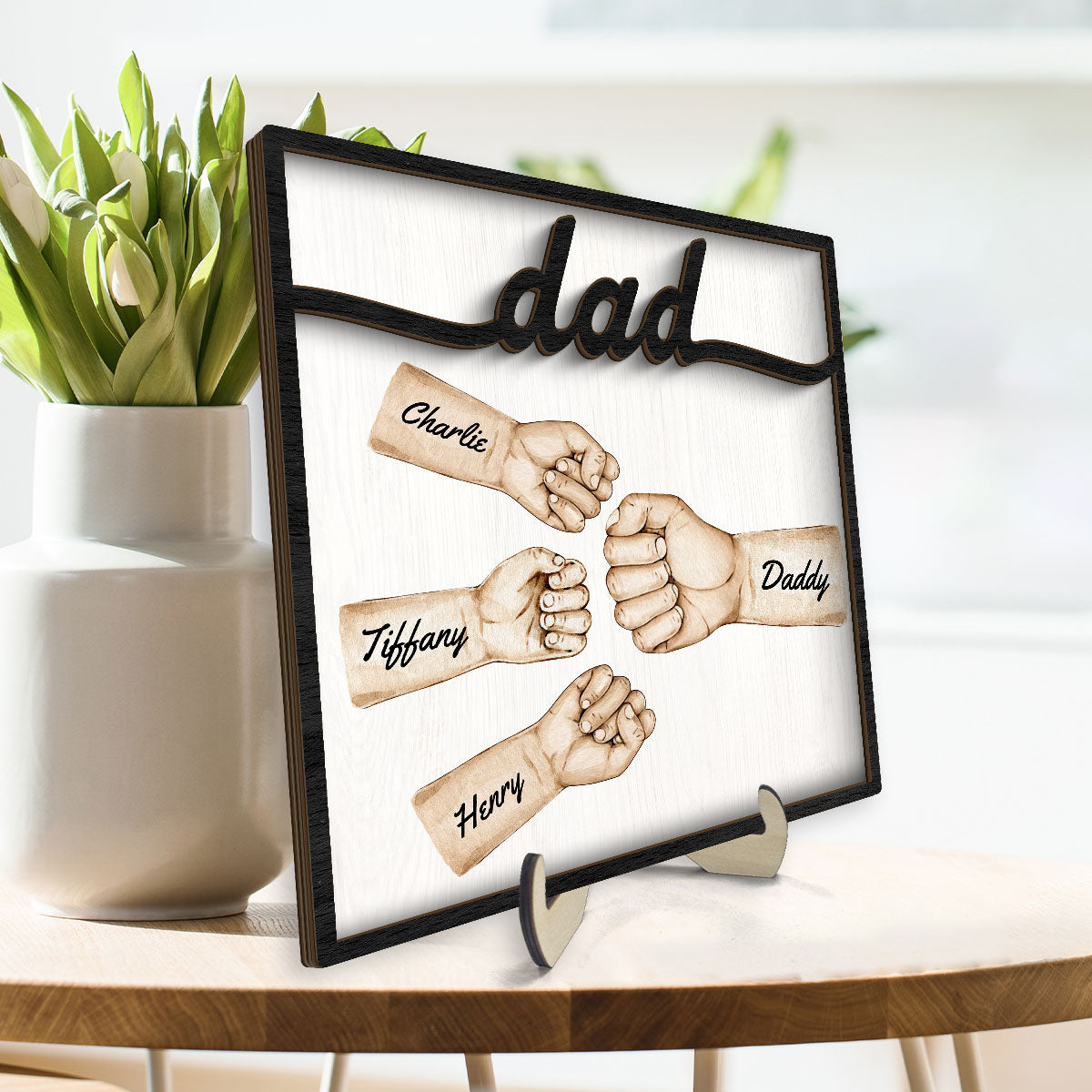 Dad Fist Bump With Kids Names Personalized 2-Layer Wooden Plaque