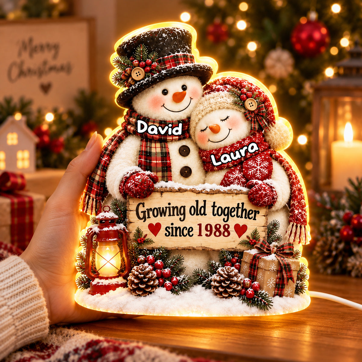 Snowman Couple Hugging Growing Old Together - Personalized Light Box - Heartfelt Christmas Gift for Her, for Him