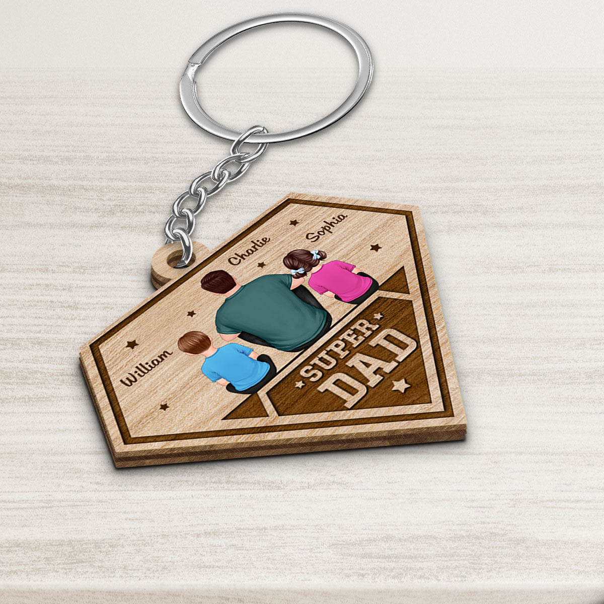 Super Dad Dad And Kids Back View Personalized Wooden Keychain