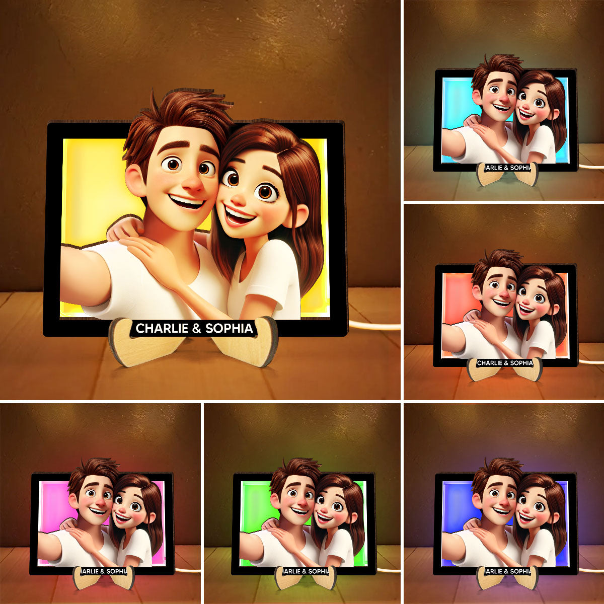 Embracing Hugging Couple Selfie Personalized 2-Layered Wooden Plaque With LED