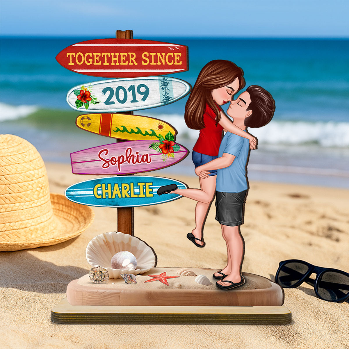 Couple Hugging Kissing Beach Sign Summer Vacation Personalized Standing Wooden Plaque