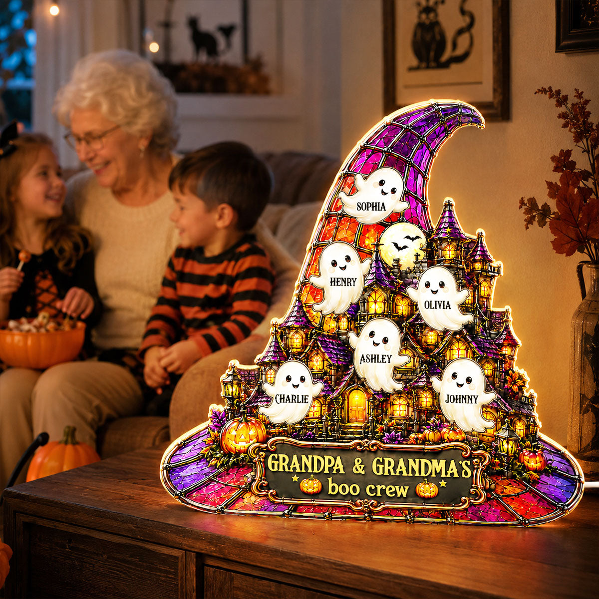 Halloween Witch Hat Haunted House Grandpa Grandma's Boo Crew - Personalized Light Box - Halloween Decor For Grandparents