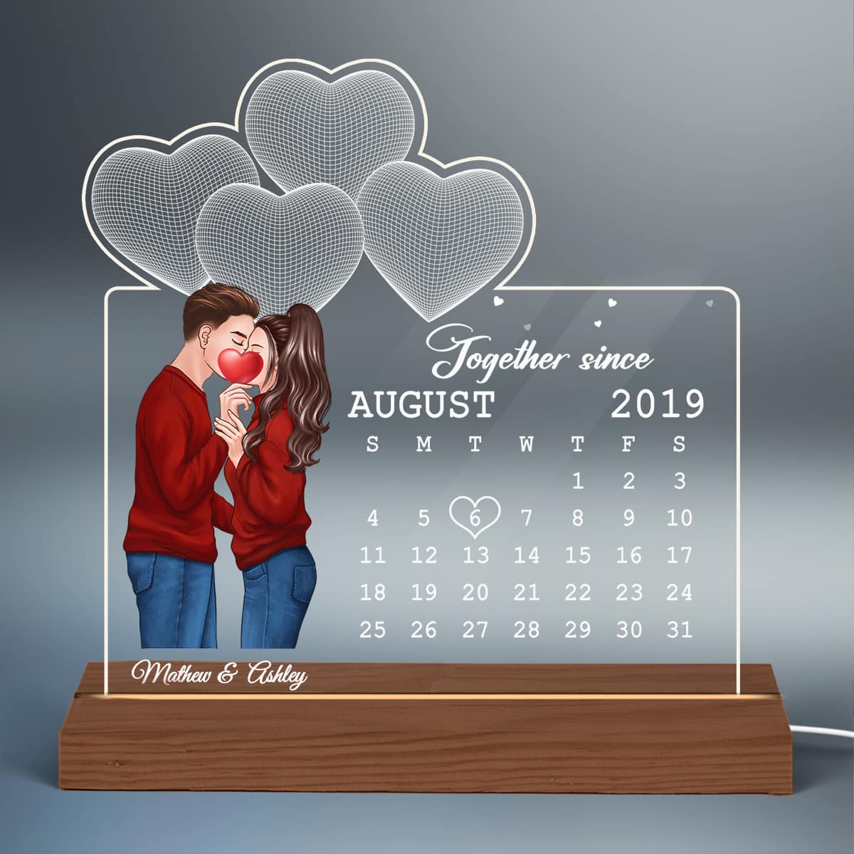 Couple Kissing Behind Heart Under 3D Heart Anniversary Date Calendar Personalized Custom Shape Acrylic Plaque With LED Night Light - Anniversary Gift For Couple - Gift For Him Gift For Her
