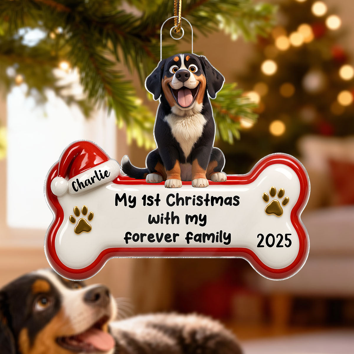 1st Christmas With Forever Family Cartoon Dog 3D Effect - Personalized Acrylic Ornament