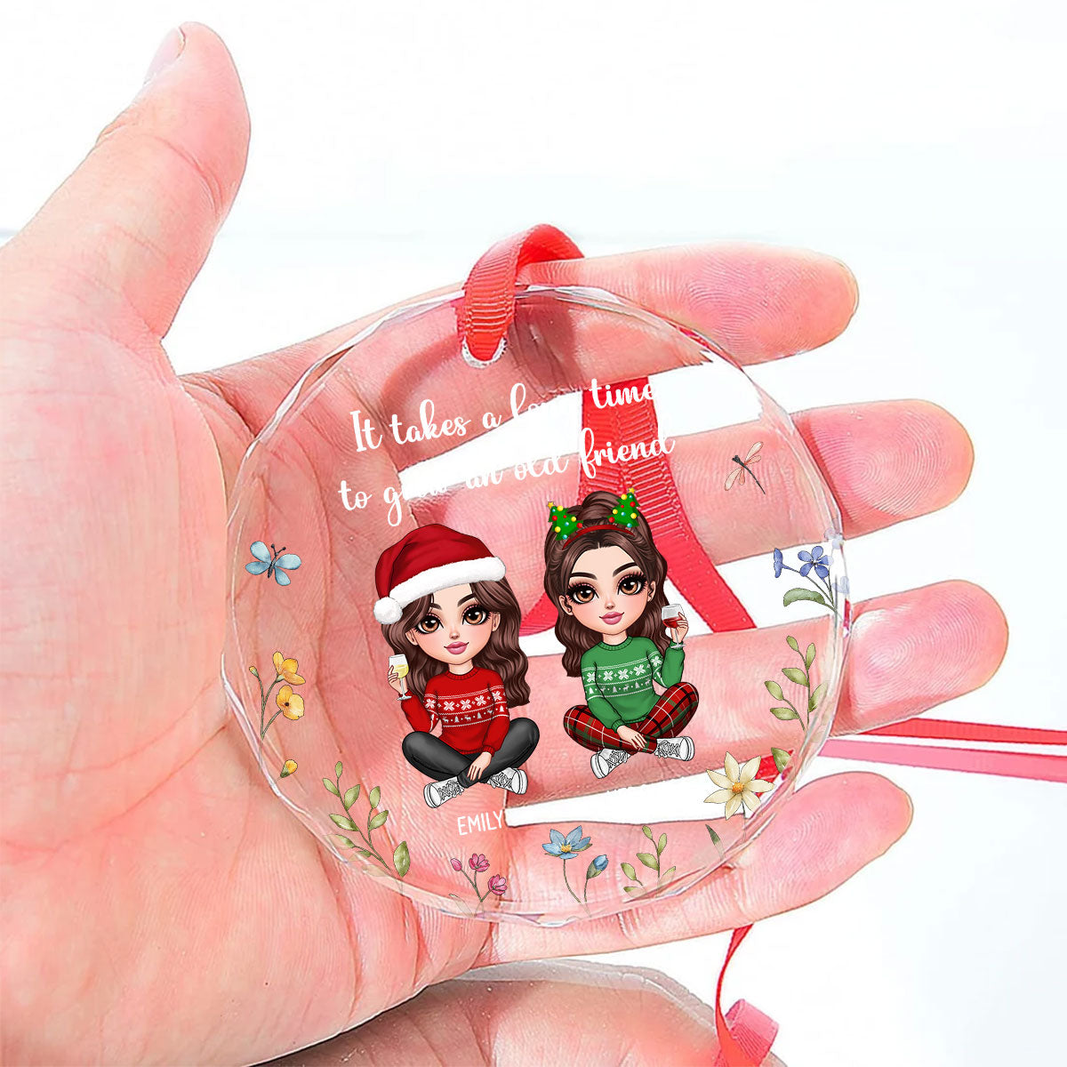 Sisters Are Differents Flowers From The Same Garden, Doll Sisters Sitting Personalized Glass Ornament, Christmas Gift For Sisters