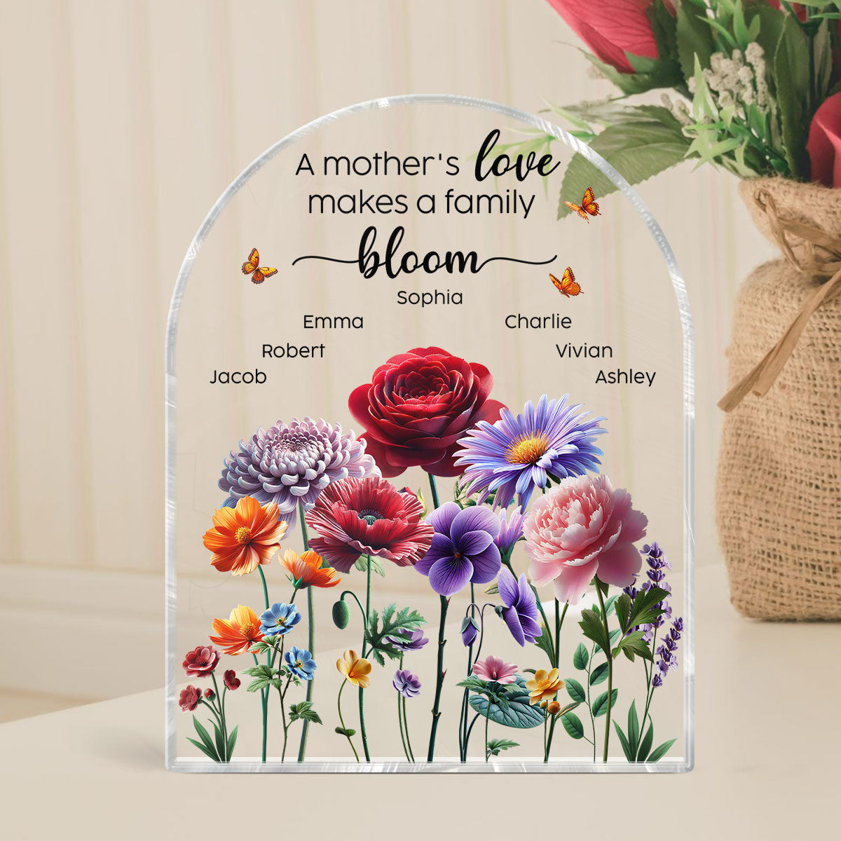 A Mother's Love Makes A Family Bloom 3D Effect Birth Month Flower Personalized Acrylic Block Plaque, Gift For Mom
