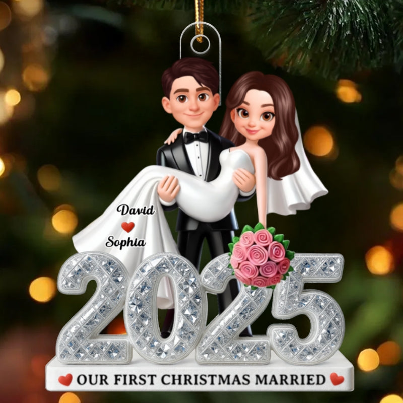 First Christmas Married 2025 3D Shining Effect - Personalized Acrylic Ornament - Christmas Gift for Newly Married Couple
