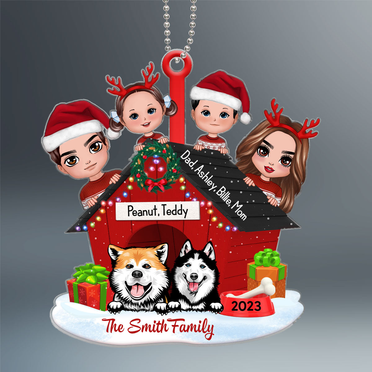 Family And Dogs Christmas Personalized Wooden Ornament