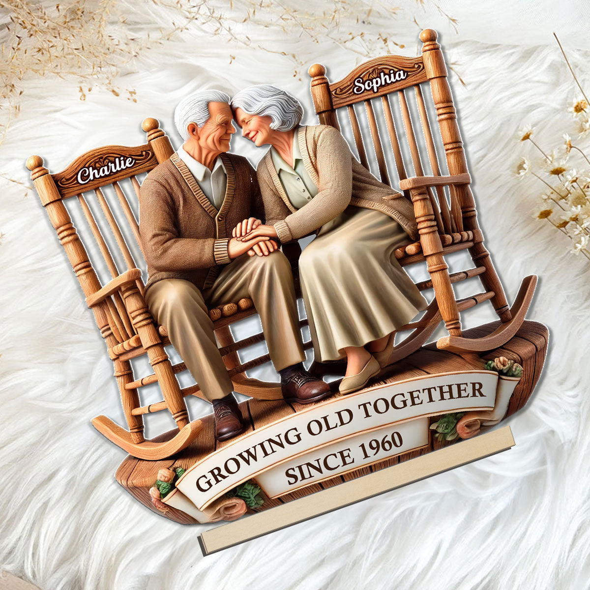3D Effect Old Couple Sitting On Rocking Chairs Together - Personalized Wooden Plaque - Heartfelt Gift For For Her, For Wife