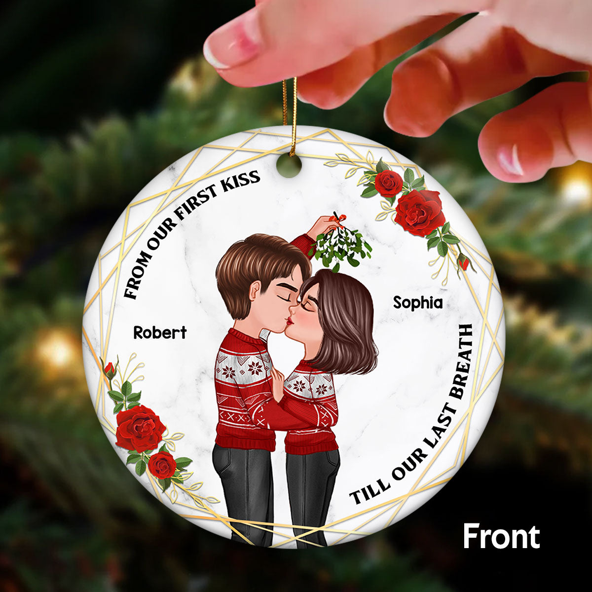 From Our First Kiss Couple Kissing Calendar Anniversary Keepsake Personalized Double Sided Circle Ornament