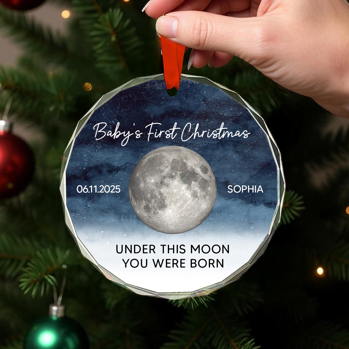 Baby First Christmas Under This Moon You Were Born Custom Moon Phase - Personalized Glass Ornament