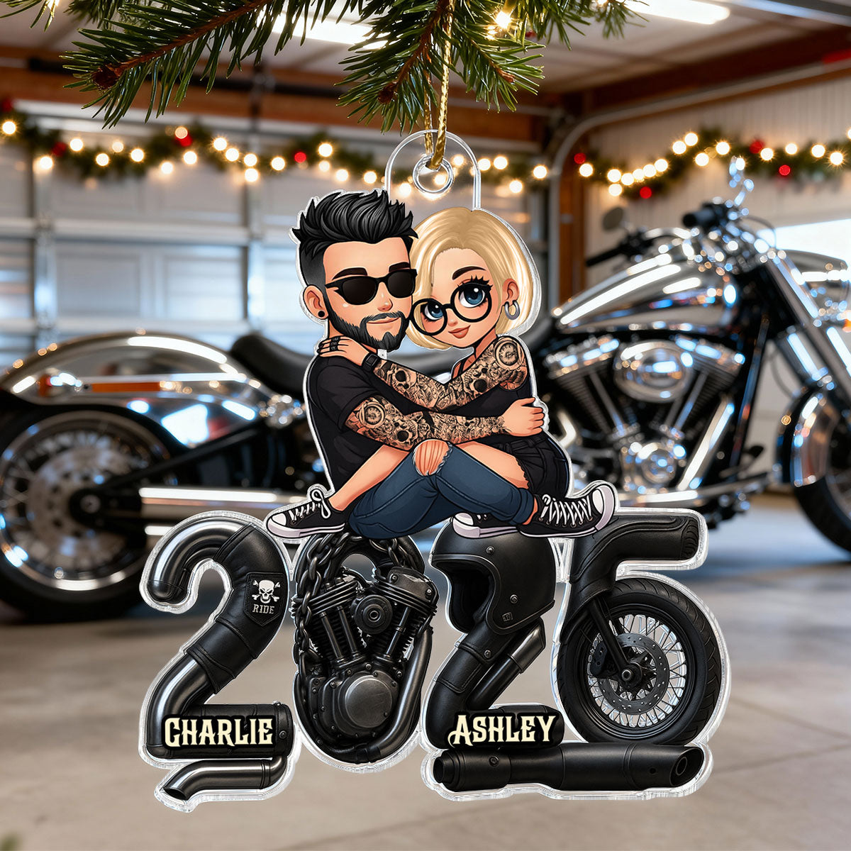 3D Effect Biker Couple- Personalized Acrylic Car Hanger- Gift For Bikers, Gift For Him, For Her