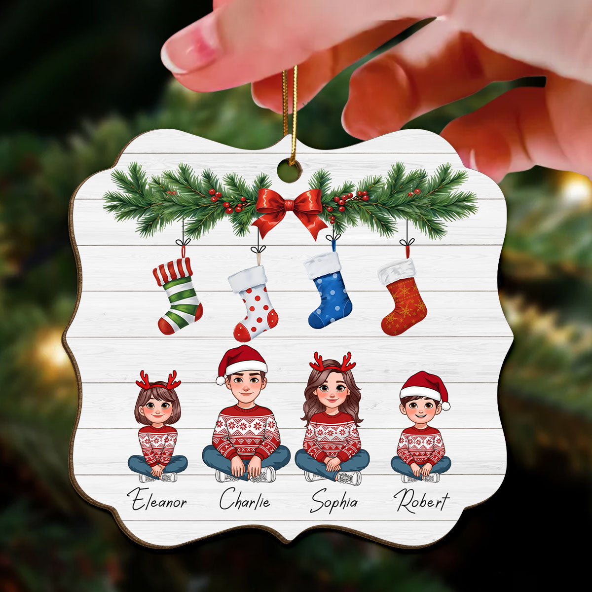 Animated Family Christmas Stockings Personalized Wooden Ornament