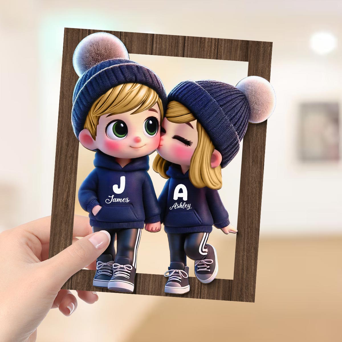 3D Effect Cute Cartoon Couple Walking Personalized 2-Layered Wooden Plaque,  Gift for Him, Gift for Her