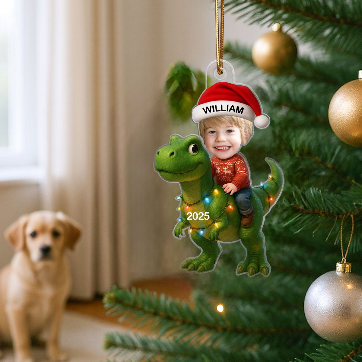 3D Effect Custom Kid Face With Dinosaur Christmas Personalized Acrylic Ornament