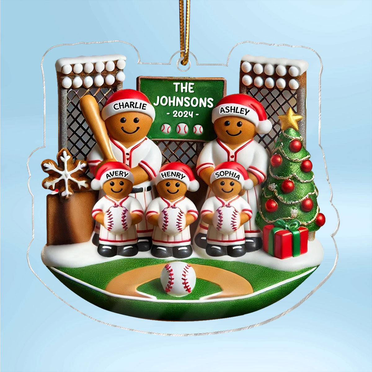 3D Effect Baseball Gingerbread Family On Field Sport Lover Personalized Acrylic Ornament