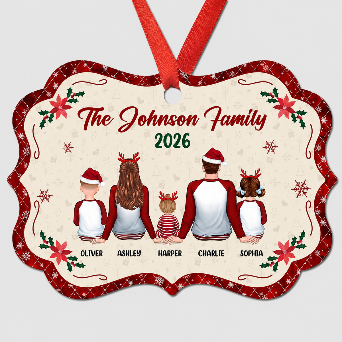 Pajamas Family Sitting Back View Christmas Vibe Red Border Personalized Christmas Ornament
