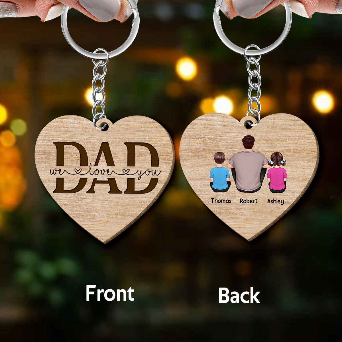 Best Dad Ever Back View Man Kids Dog Cat Personalized Heart Wooden Keychain