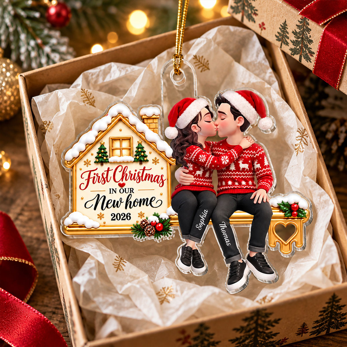 First Christmas In Our New Home Couple Kissing 2D Flat - Personalized Acrylic Ornament