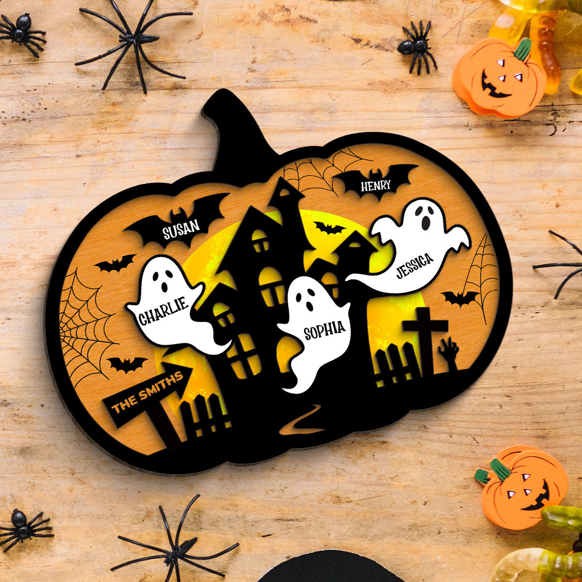 Halloween Boo Family Pumpkin Shaped Personalized 2 Layer Wooden Plaque