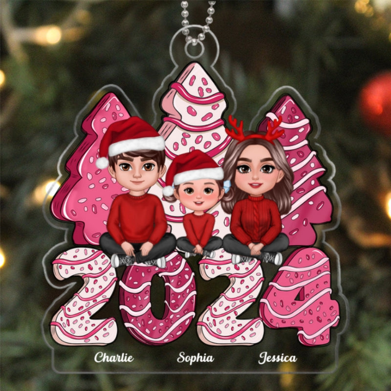 Family Crossed Legs Sitting Pink Christmas Tree Cake Patterned Personalized Acrylic Ornament