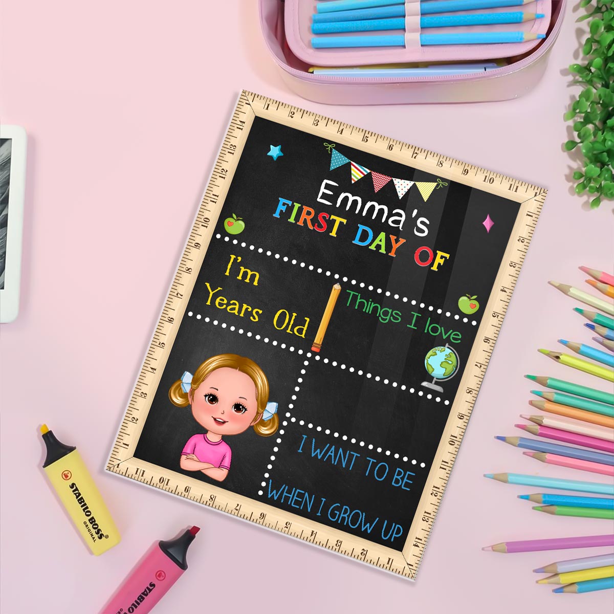 Adorable Kid First Day Of School Personalized Board Sign, Editable, Reusable Back To School Sign